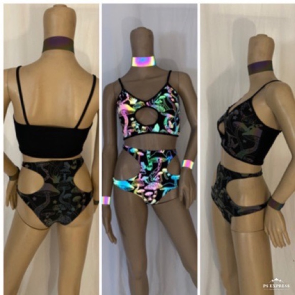 Rainbow reflective mushroom cut out crop top